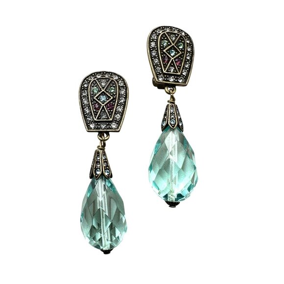 Heidi Daus Blue Crystal Bronze Clip Earrings Chandelier 2 Inch - Picture 2 of 3